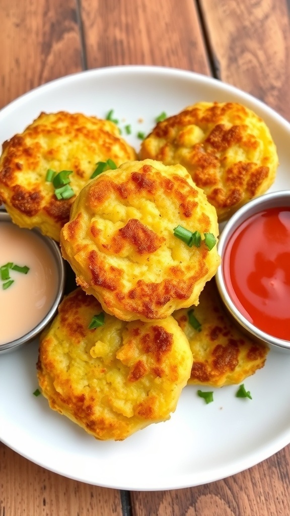Crispy fried potato patties on a plate, garnished with herbs, on a rustic wooden table.